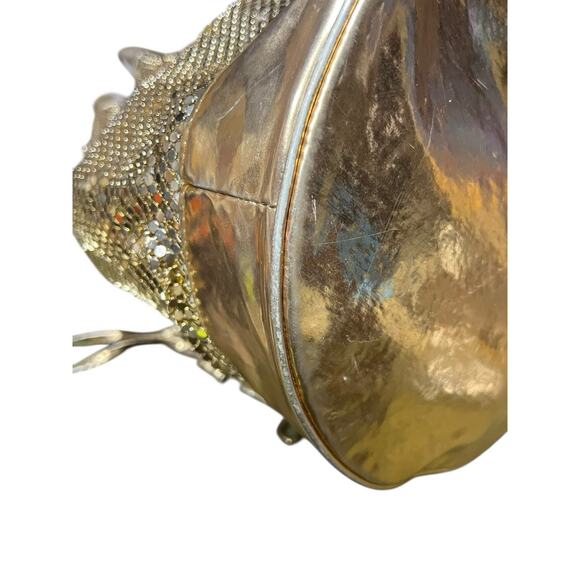 Vintage Gold Tone Metal Mesh Cinch Backpack Sling Bucket Disco Glam Purse Bag